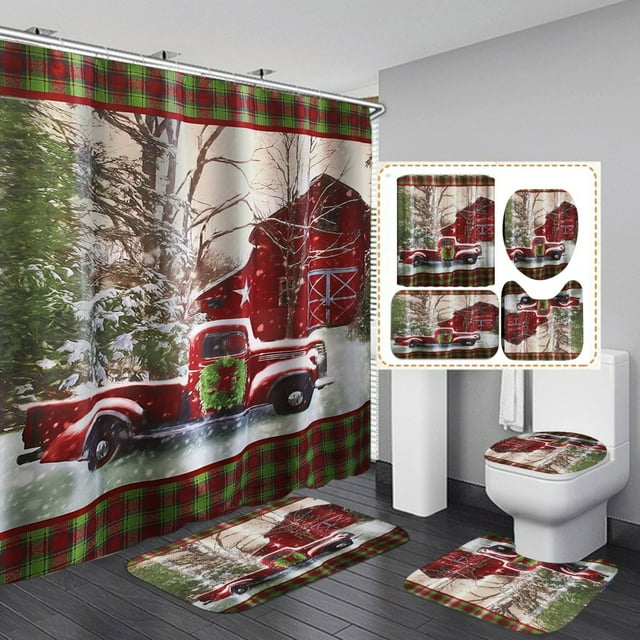 Christmas Bathroom Sets Decorations, Christmas Bathroom Sets Decor Merry Christmas Theme Shower Curtain and Bath Mat Set with Non-Slip Rug Toilet Lid Cover
