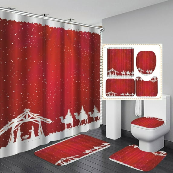 Christmas Bathroom Sets Decorations, Christmas Bathroom Sets Decor Merry Christmas Theme Shower Curtain and Bath Mat Set with Non-Slip Rug Toilet Lid Cover