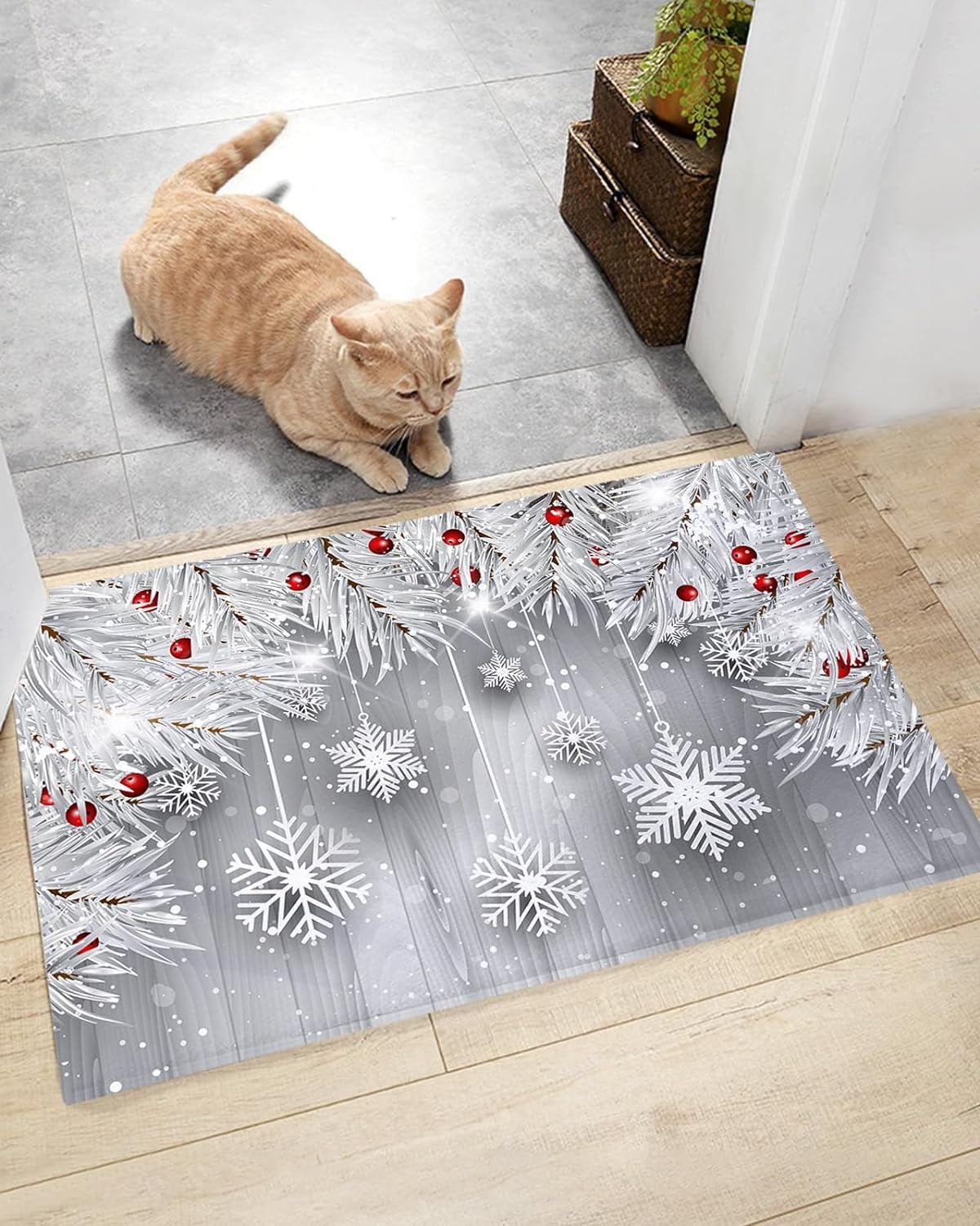 Christmas Bathroom Shag Doormat Winter Snowflake on Wood Plank Water
