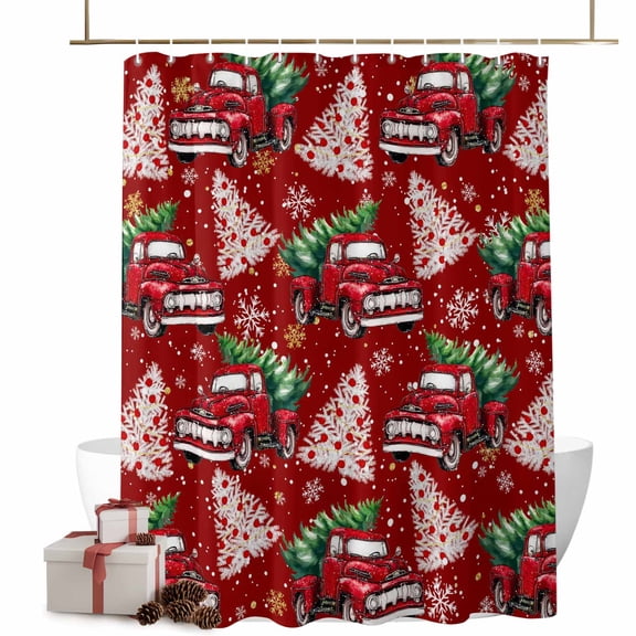 Christmas Bathroom Shower Curtain Christmas Truck Xmas Pine Tree Snowflakes Red Waterproof Washable Shower Curtains for Bathtub Bath Decor with Grommets and Hook 36 X 72 Inch