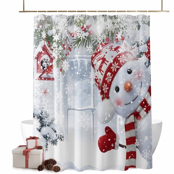 Christmas Bathroom Shower Curtain Cute Red Snowman Xmas Pine Leaf Winter Snowflake Waterproof Washable Shower Curtains for Bathtub Bath Decor with Grommets and Hook 66 X 72 Inch