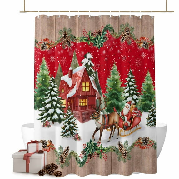Christmas Bathroom Shower Curtain Reindeer Sled Cottage Trees Plants Snowflakes Red Wood Waterproof Washable Shower Curtains for Bathtub Bath Decor with Grommets and Hook 72 X 84 Inch