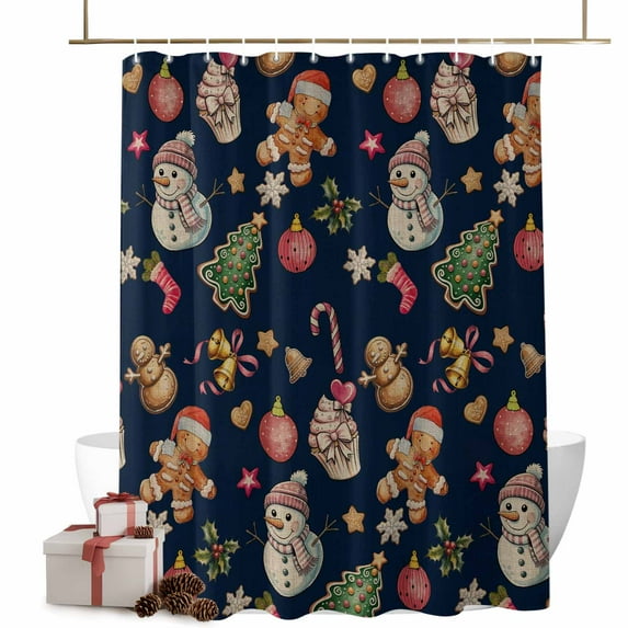 Christmas Bathroom Shower Curtain Snowman Gingerbread Man Xmas Tree Candy Navy Blue Waterproof Washable Shower Curtains for Bathtub Bath Decor with Grommets and Hook 54 X 78 Inch