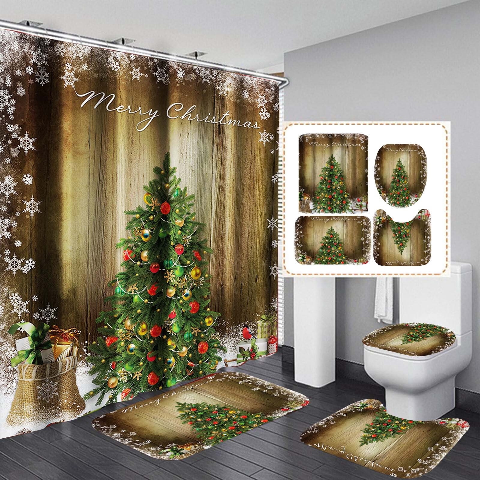 Christmas Bathroom Shower Curtain Tet Lid U Shaped Mat Floor Mat Four Piece Bathroom Shower