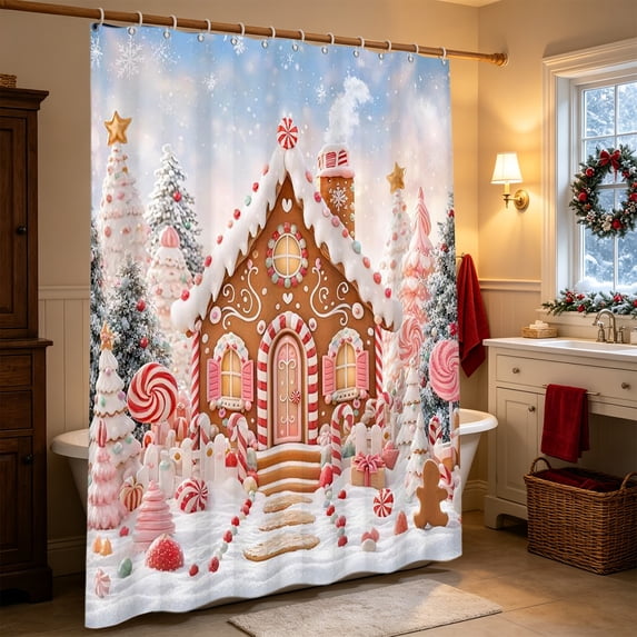 Christmas Bathroom Shower Curtain With Hooks - Holiday Waterproof Fabric Set(B)