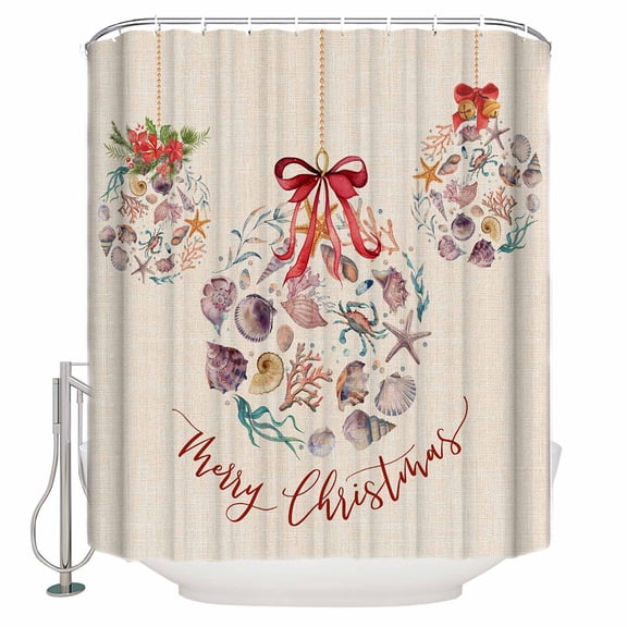 Christmas Bathroom Shower Curtains with Hooks, Christmas Balls Shells Starfish Conch Linen Waterproof Fabric Washable Shower Curtain for Home Hotel Bathtub Decor 54x78 Inch