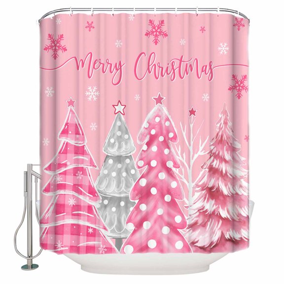 Christmas Bathroom Shower Curtains with Hooks, Pink Christmas Tree Waterproof Fabric Washable Shower Curtain for Home Hotel Bathtub Decor 54x78 Inches