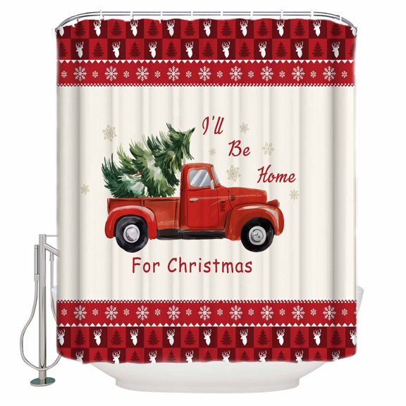 Christmas Bathroom Shower Curtains with Hooks, Red Christmas Trucks Pine Tree Snow Farm Beige Waterproof Fabric Washable Shower Curtain for Home Hotel Bathtub Decor 36x72 Inches