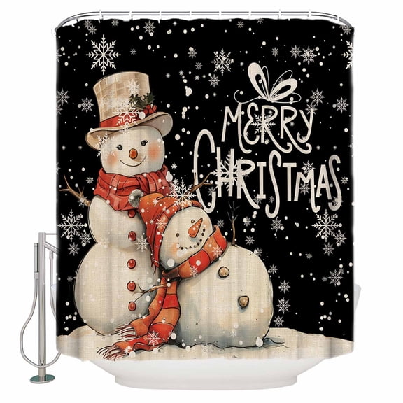 Christmas Bathroom Shower Curtains with Hooks, Snowflakes Retro Snowman Watercolor Black Waterproof Fabric Washable Shower Curtain for Home Hotel Bathtub Decor 54x78 Inch