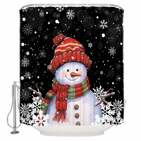 Christmas Bathroom Shower Curtains with Hooks, Snowman with Cap Xmas Snowflake Black Waterproof Fabric Washable Shower Curtain for Home Hotel Bathtub Decor 36x72 Inches