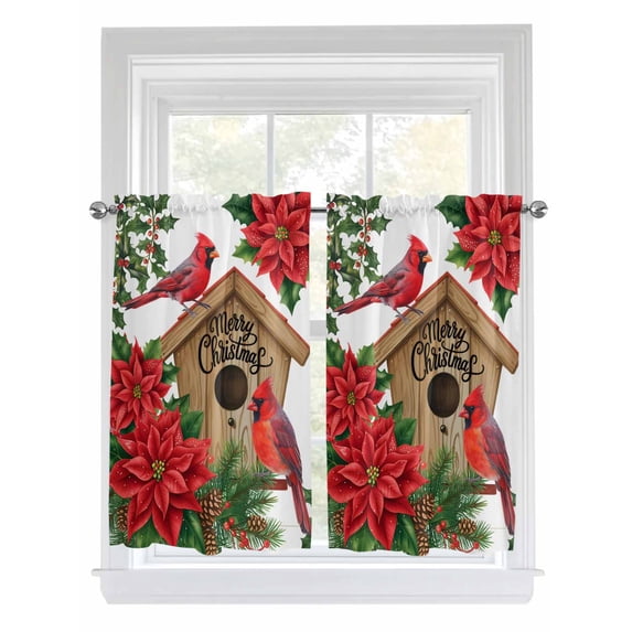 Christmas Bathroom Window Curtain, Red Cardinal Poinsettia Hut Berry Pine Needles Light Filtering Coffee Kitchen Curtains, Bedroom Living Room Curtains 2 Panel 84"x54"