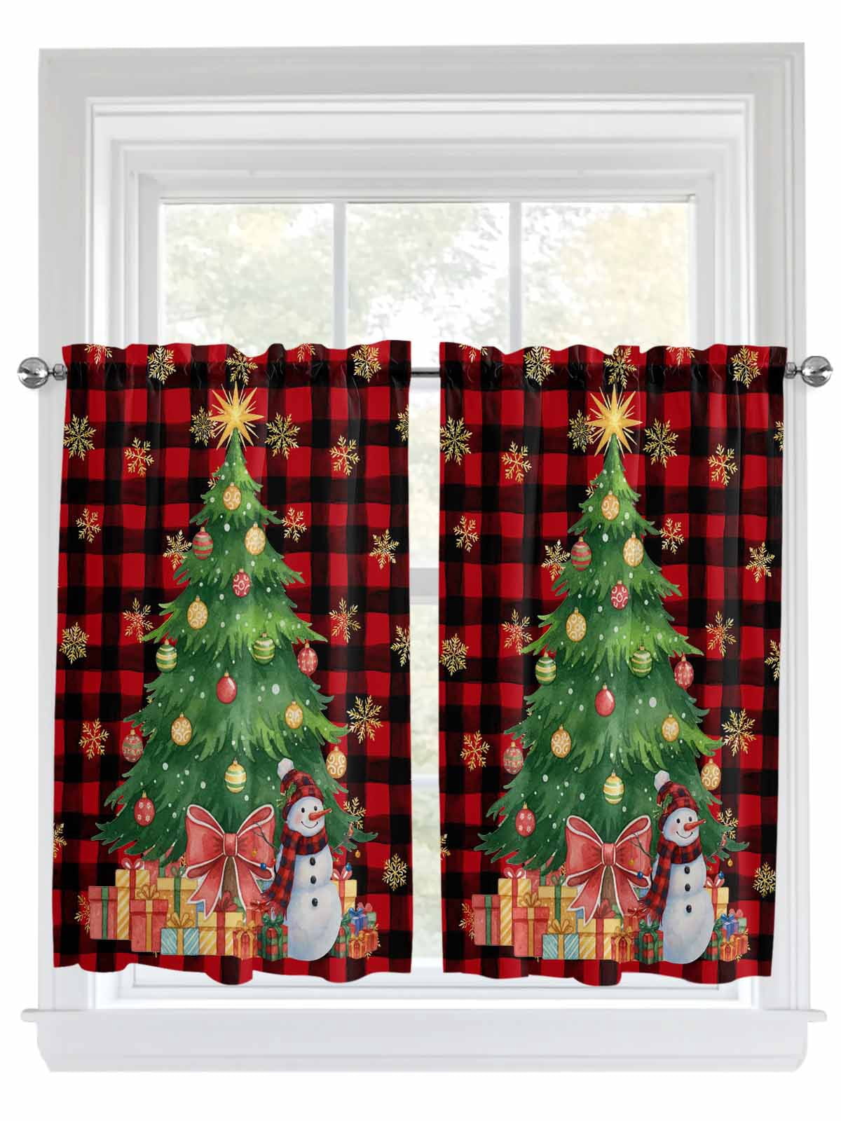 Christmas Bathroom Window Curtain, Snowman Gold Snowflakes Pine Tree ...