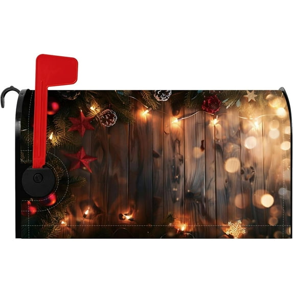 Christmas Bauble Mailbox Cover Rustic Wooden Light Pine Cone Christmas Eve Magnetic Mailbox Covers for Garden Yard Rustic Festival Mail Box Wraps Post Letter Cover Standard Size 21x25.5 Inch