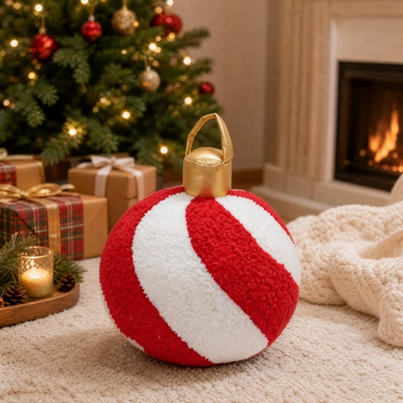 Christmas Bauble Shaped Throw Pillow Cushion Red White Peppermint Candy Plush Pillow, 9.5 x 9.8 Inch