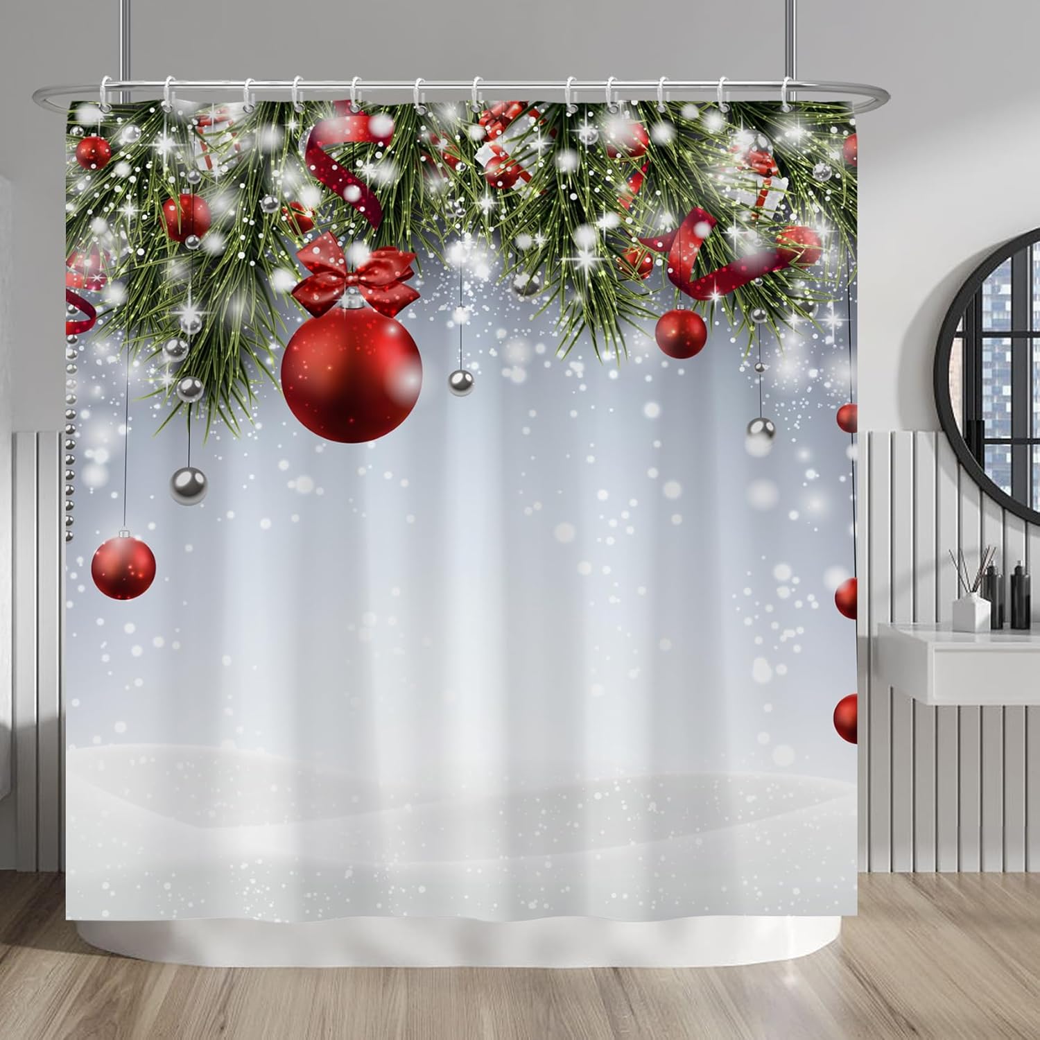 Christmas Bauble Shower Curtain Set Red Baubles Green Pine Tree Ribbon