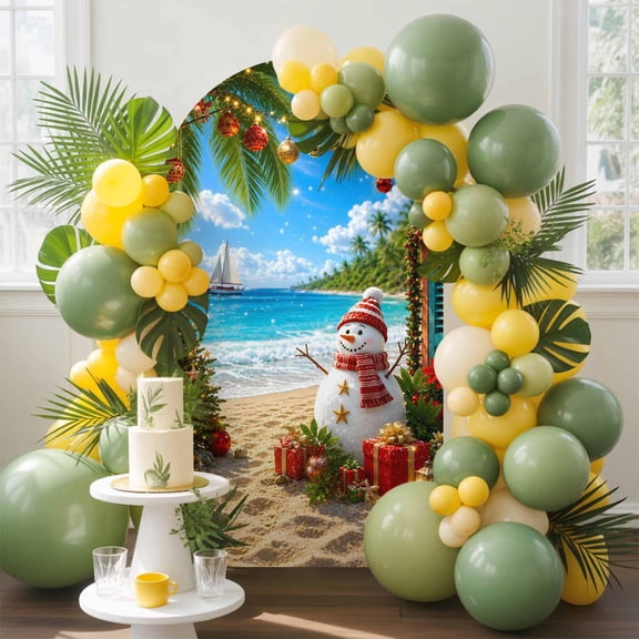 Christmas Beach Arch Backdrop Cover, 4FT, Tropical Ocean Snowman Wreath Palm Xmas Tree Floral Spandex Arch Covers Double-Sided Backdrop for Wedding Birthday Party Photo Background Decoration