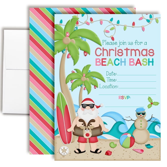 Christmas Beach Bash Christmas in July  Birthday Invitations for Kids, 20 Fill-In Cards with Envelopes, 5x7 Children's Party Invitations, Birthday Party Supplies, Made in USA by Amanda Creation