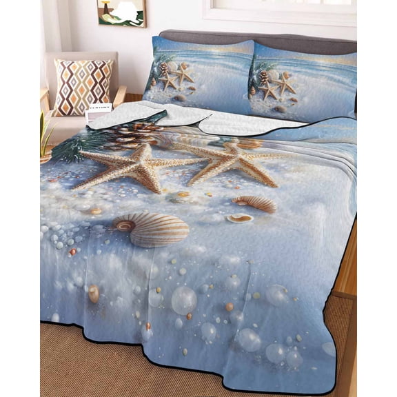 Christmas Beach King Size Down Alternative Comforter,Lightweight Comforter Quilt Bedding Set with Pillow Shams Blue Shell Starfish Conch Pine Cone Snow All Seasons Bed Comforter Duvet Insert 96"x106"
