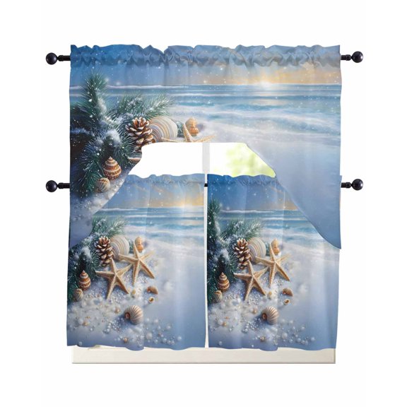 Christmas Beach Kitchen Curtain Set Swag Valance and Tier Curtains 36 Inch Length, Blue Shell Starfish Conch Pine Cone Snow Curtain Valance for Windows, Light Filter Drapes for Bedroom Bathroom