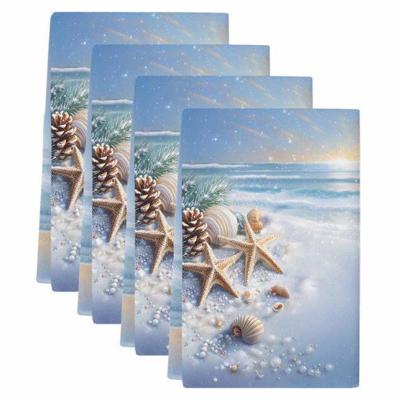 Christmas Beach Kitchen Towels Set of 4, Absorbent Microfiber Dish Tea Towels with Hanging Loop, Blue Shell Starfish Conch Pine Cone Snow Resuable Hand Towel for Home Kitchen Cooking Cleaning 18"x28"