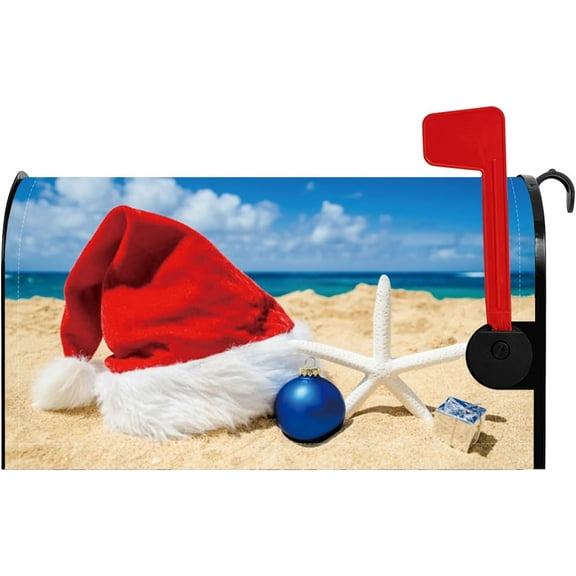 Christmas Beach Mailbox Cover Christmas Hat Blue Sky White Clouds Bauble Starfish Magnetic Merry Christmas Mail Box Wraps Post Letter Cover Standard Size 18x21 Inch for Garden Yard Home
