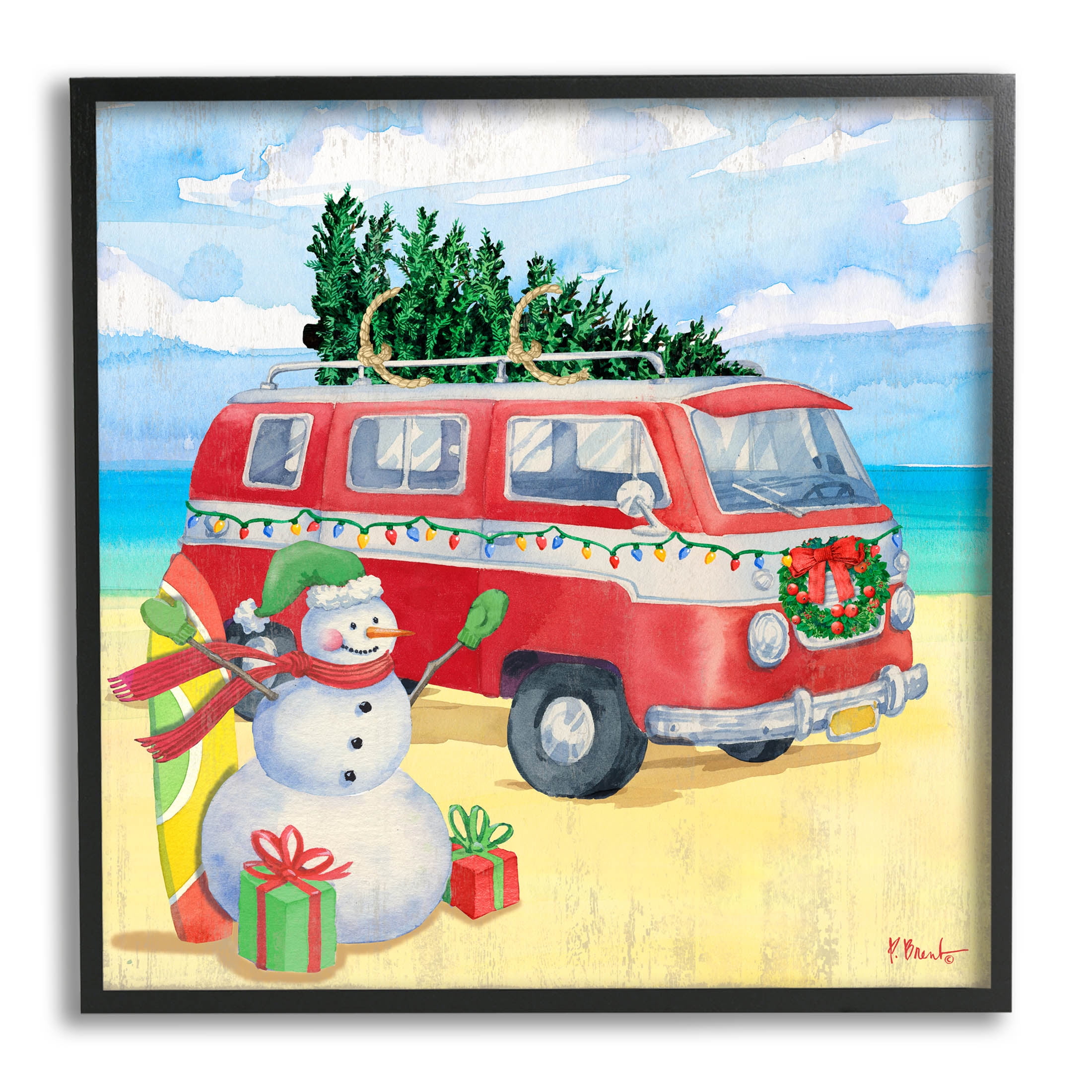 Christmas Beach Nautical Van Holiday Graphic Art Black Framed Art Print Wall Art