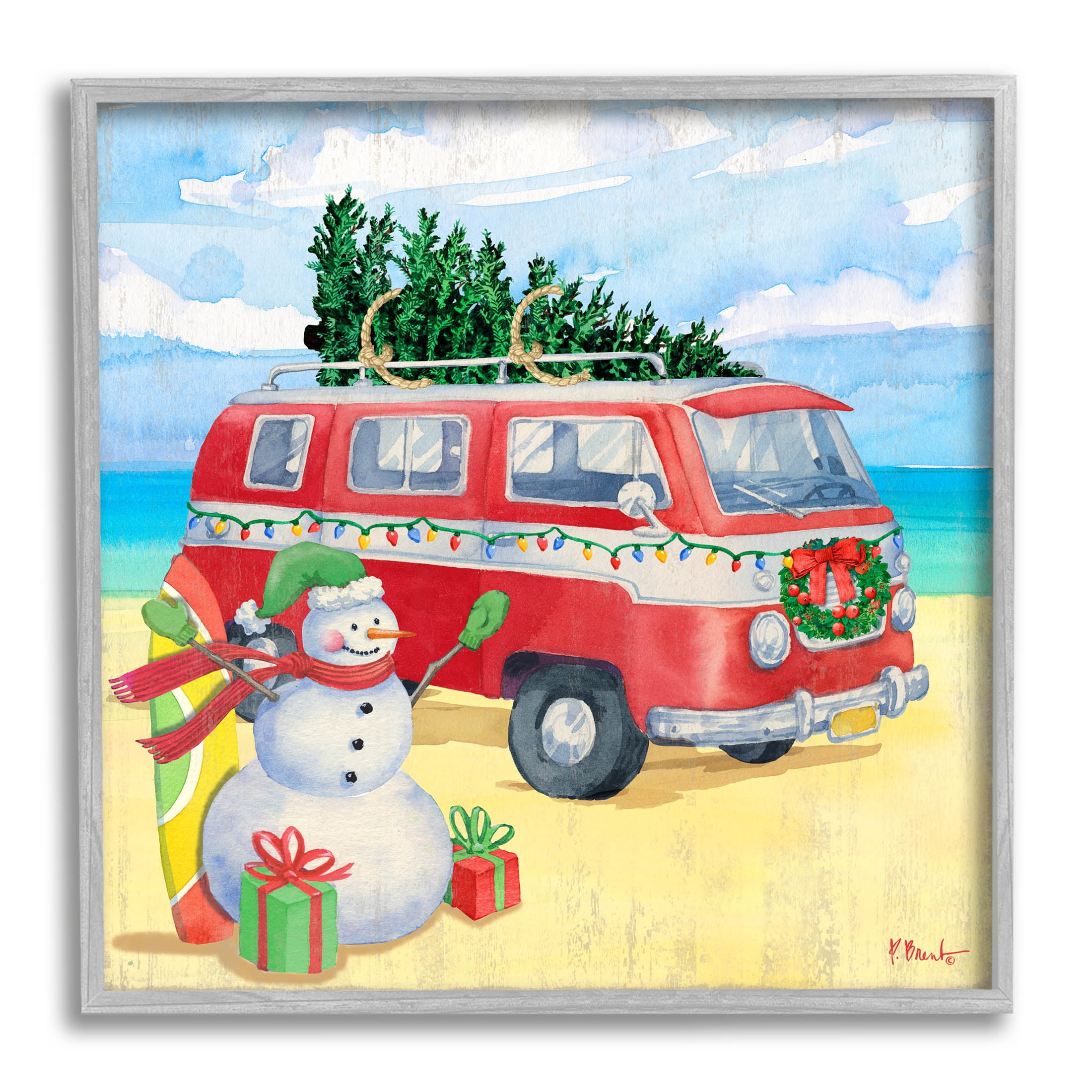 Christmas Beach Nautical Van Holiday Graphic Art Gray Framed Art Print Wall Art