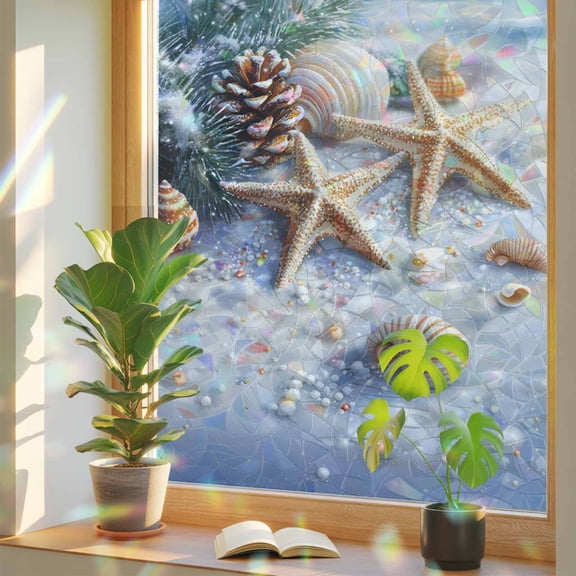 Christmas Beach Privacy Window Film, Decorative Stained Glass Window Film, Blue Shell Starfish Conch Pine Cone Snow Resuable Rainbow Static Cling for Home Bathroom Living Room Glass Door 17.7"x39.3"
