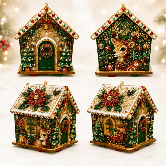 Christmas Bead Art House Kit, 3D Pearl Craft Ornament, DIY Festive Decor For Tree, Tabletop, Mantel, Shelf & Indoor Winter Holiday Decor