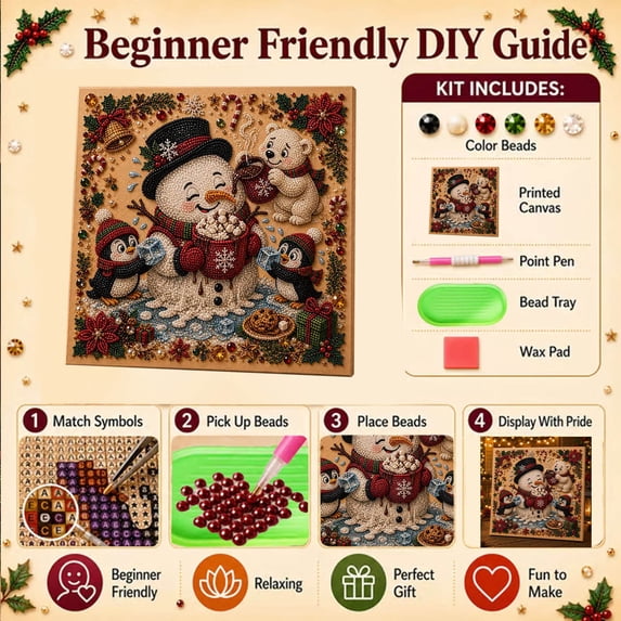 Christmas Bead Art Kit For Beginners - DIY Painting Set With Canvas And Frame(C)
