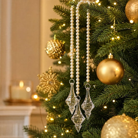 Christmas Beaded Crystal Hanging Chains 2PC Draping Drop Ornaments, Transparent Acrylic Pendants with Gentle Strands for Xmas Tree Floral Window Banquet Display, Holiday Party Decor Supplies