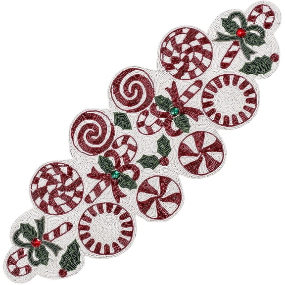 Christmas Beaded Table Runner, Red & White, 13x36", Handcrafted, 85% Glass Beads, Polyester Backing, Dining/Console/Coffee Table, Holidays, Weddings, Wipe-Clean Maintenance