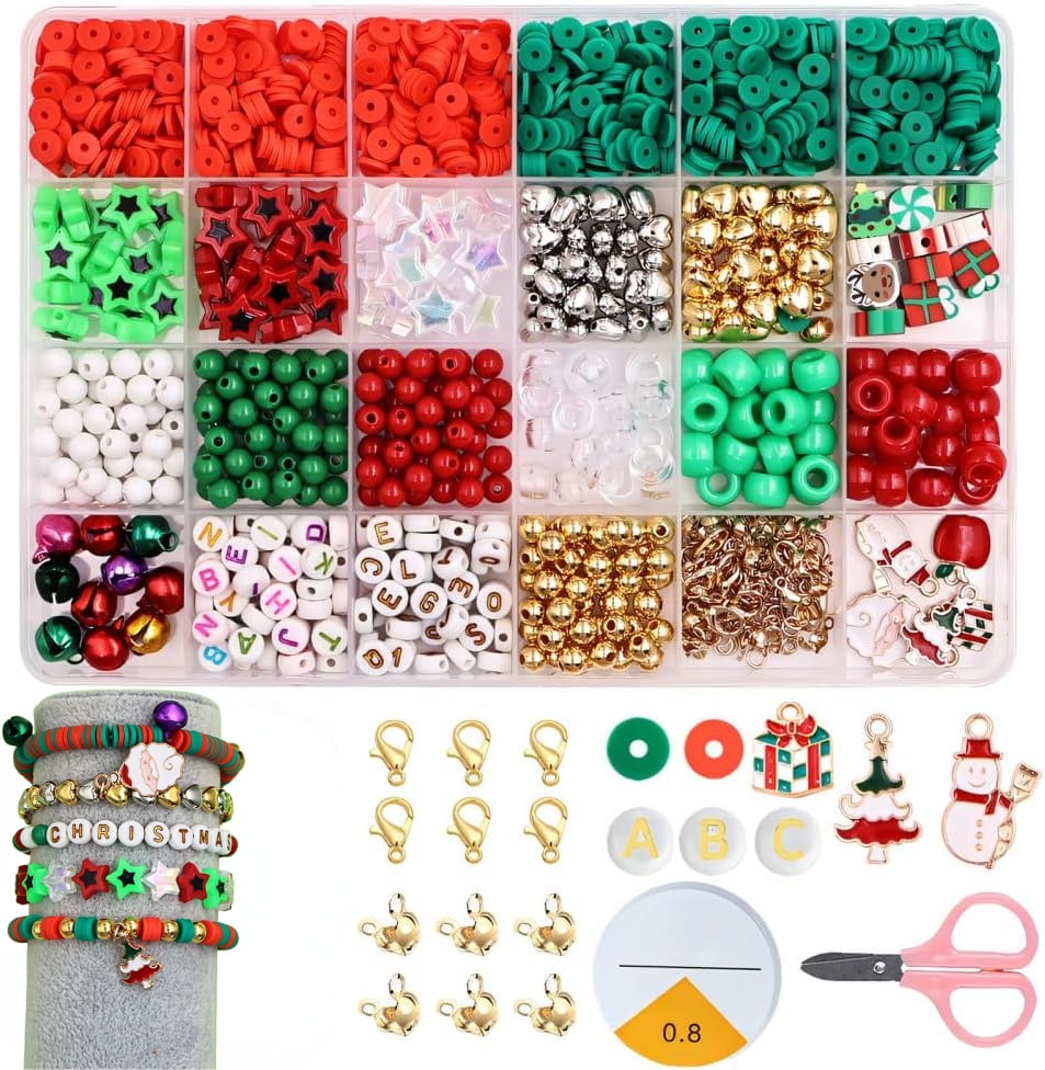Christmas Beads Kit, Colorful Christmas DIY Craft Bead Portable Xmas Bead Ornament for Clay Beaded Pearl Letter Bracelets Necklace Holiday Present(2PCS)