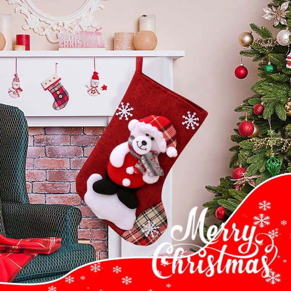 Christmas Bear Cloth Stocking Gift Bag – Medium 38cm (15in) Burlap-Style Stocking with Bear Embroidery – Candy Gift Bag Decor
