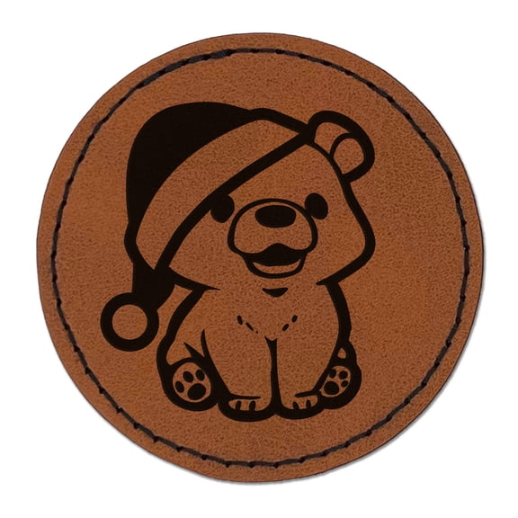 Christmas Bear Cub Santa Hat 2.5" Faux Leather Round Engraved Iron-On Patch - Brown