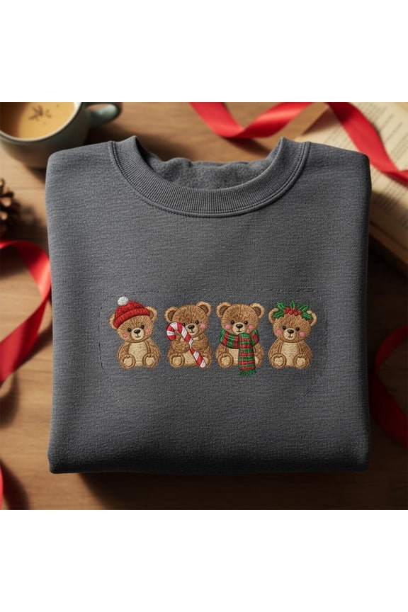 Christmas Bear Embroidered Sweatshirt, Cute Holiday Teddy Bear Sweater, Winter Animal Crewneck, Festive Bear Lover Gift