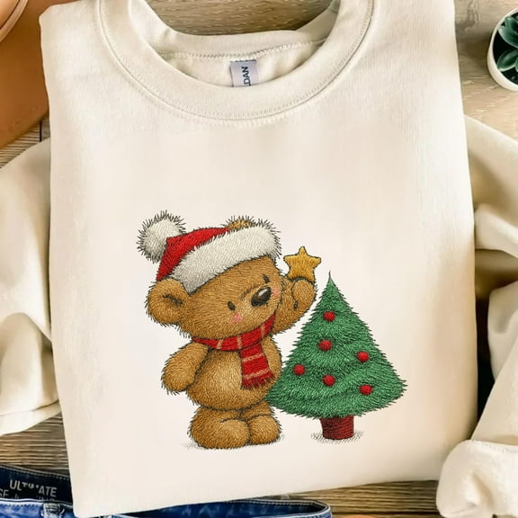 Christmas Bear Embroidery File Holiday Teddy Bear with Tree and Star Digital Stitch Pattern for Shirts Totes Bags