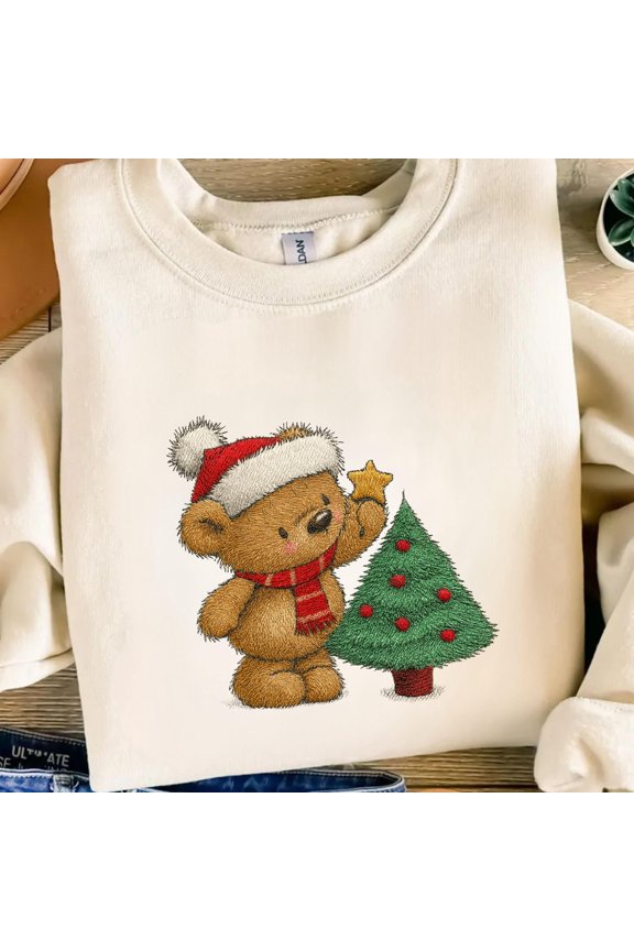 Christmas Bear Embroidery File Holiday Teddy Bear with Tree and Star Digital Stitch Pattern for Shirts Totes Bags