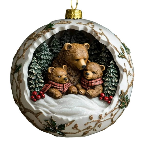 Christmas Bear Family Ornament, 2D Acrylic Adorable Bear Family Figurines for Tree Decor, Woodland Themed Holiday Decoration, 3.1 inch