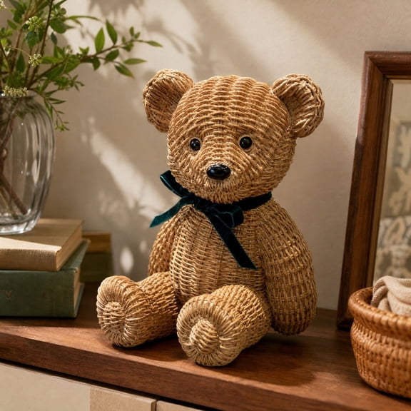 Christmas Bear Figurine, Faux Wicker Woven Bear Statue for Christmas Tabletop Decoration, Beige & Green, 8"