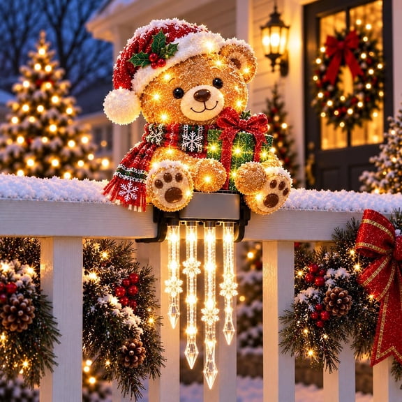 Christmas Bear Icicle Lights, Winter Warm LED Railing Decorative Lights with Clamp Base , Lighted Bear Glow Light for Porch Deck Balcony Garden Fence