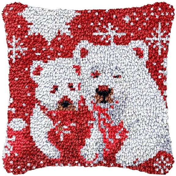Christmas Bear Latch Hook Pillow Cover Kits for DIY Needlework Cushion Handmade Throw Pillow Cross Stitch Latch Hook Pillowcase Rug Cushion Kits Crochet Yarn Kits Needlework 17'' X 17''