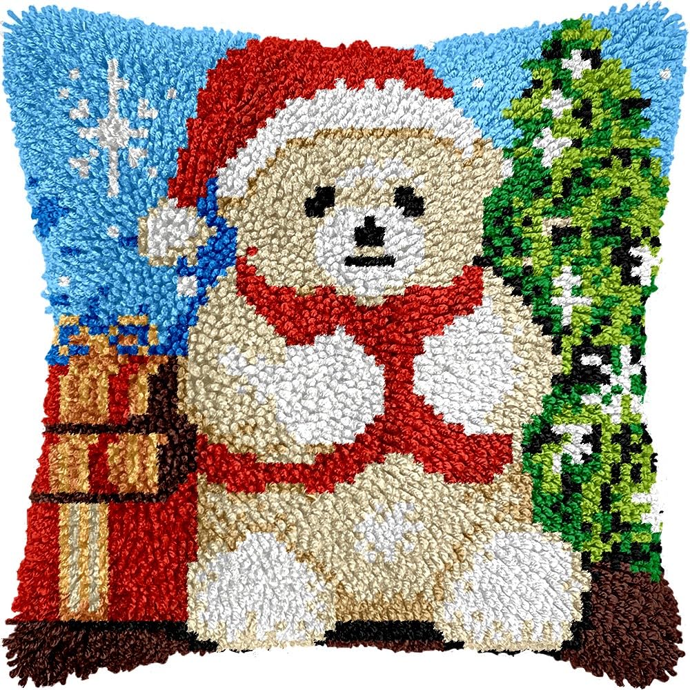 Christmas Bear Latch Hook Pillow Kits for DIY Handmade Throw Pillow Cushion Cross Stitch Latch Hooking Pillowcase Kits with Preprinted Canvas Crochet Yarn 17''X 17''(Y47)