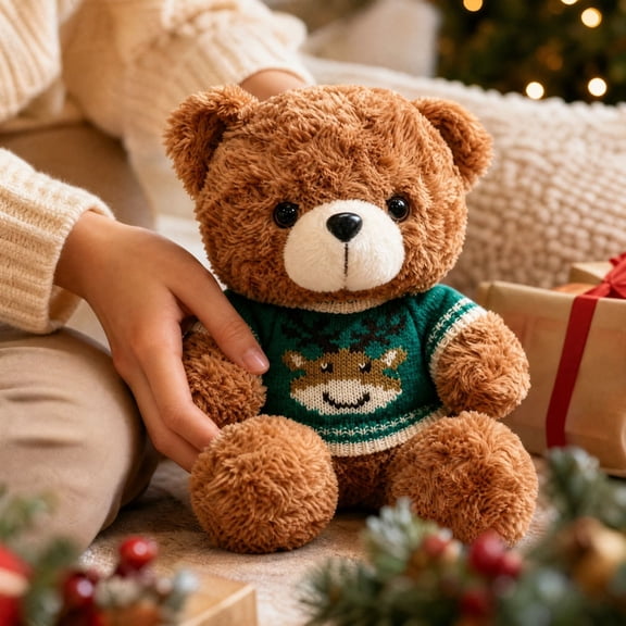 Christmas Bear Plush Doll with Knit Sweater, Stuffed Animal Toy, Holiday Birthday Gift for Home Decor
