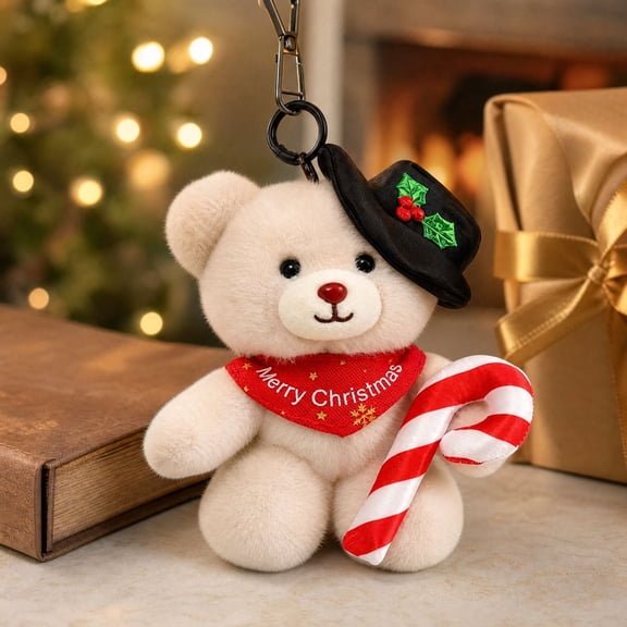 Christmas Bear Plush Pendant, Santa Teddy Bear Hanging Charm for Bag and Tree, Soft Stuffed Keyring Decoration