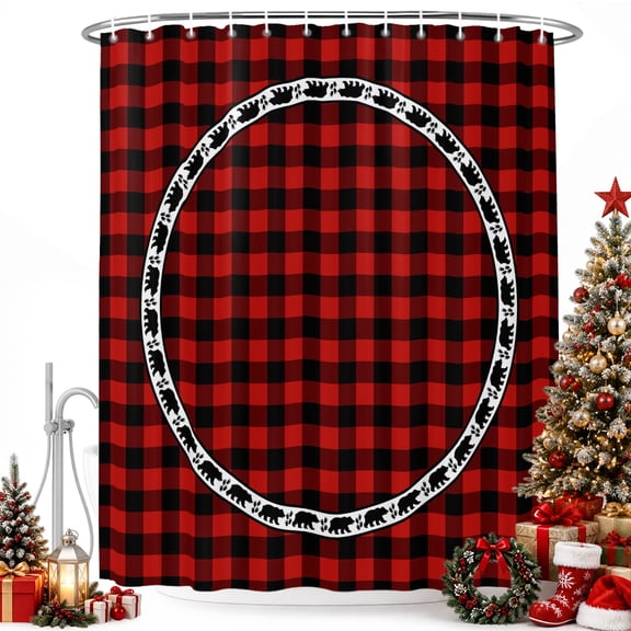 Christmas Bear Shadow Shower Curtain for Bathroom, Red Black Buffalo Plaid Waterproof Shower Curtains Washable Quick Dry with Hooks Bathtub Curtains 36x72IN