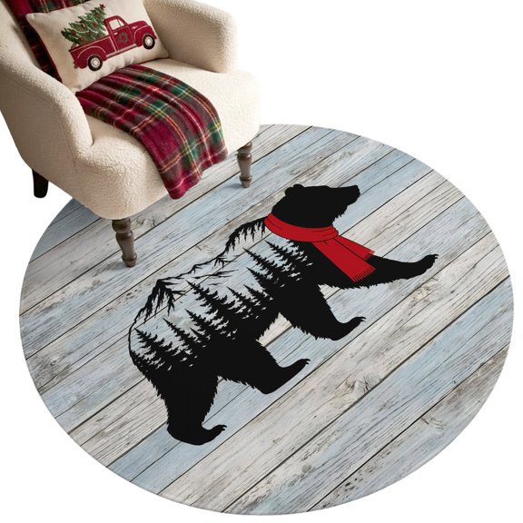 Christmas Bear Silhouette Round Area Rug 5ft,Living Room Rug Non-Slip Washable Circle Rugs Pad,Winter Pine Tree Wood Board Soft Floor Carpet for Bedroom Dining Room