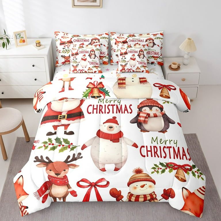 Christmas Bed in a Bag Queen Comforter Set 7 Piece Cute Santa Claus Bedding Sets Cartoon Snowman Penguin Elk Deer Sheet Set with Comforter Kawaii Polar Bear Christmas Decorations White Walmart