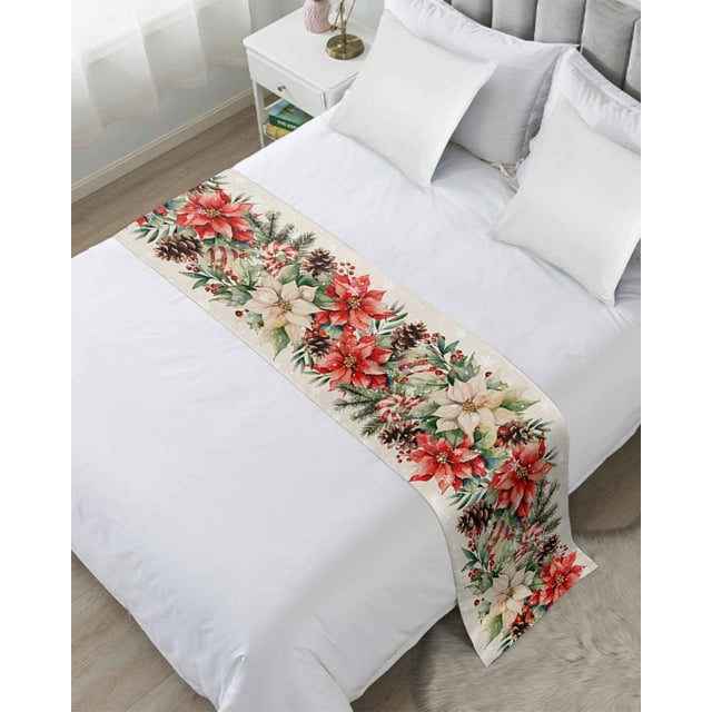 Christmas Bed Runner for Full/ Queen Size Bed, Xmas Botanical