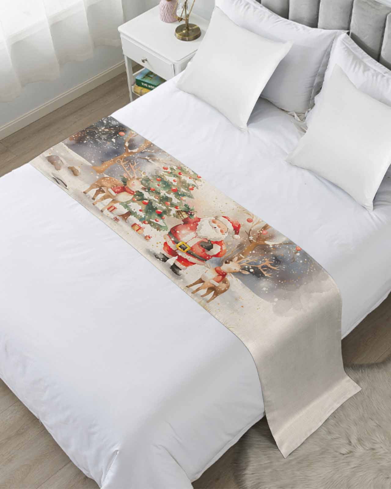 Christmas Bed Runner for Full/ Queen Size Bed, Xmas Tree Santa Elk